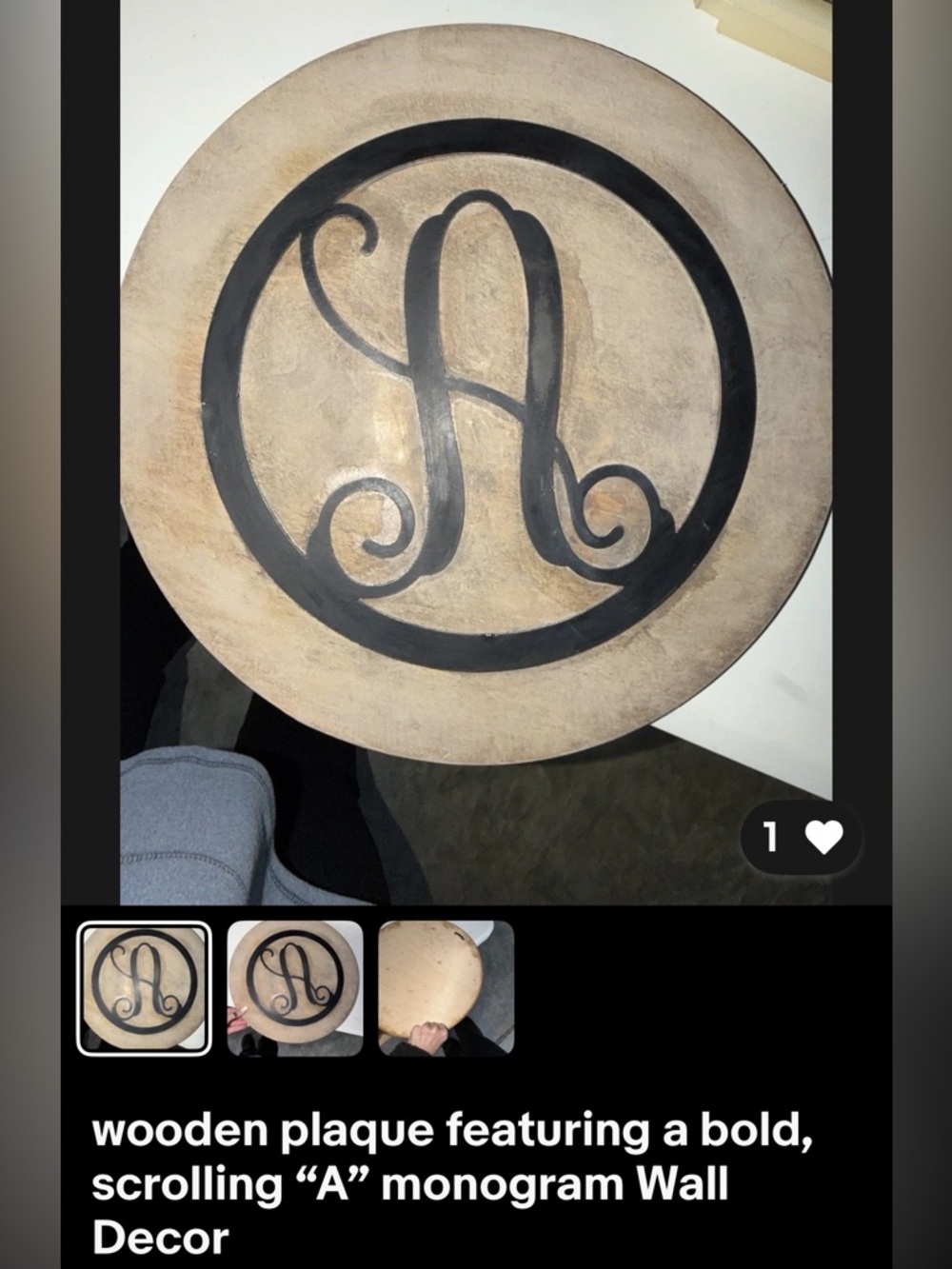Round Wooden Wall Plaque with Scrolling “A” Monogram - Neutral